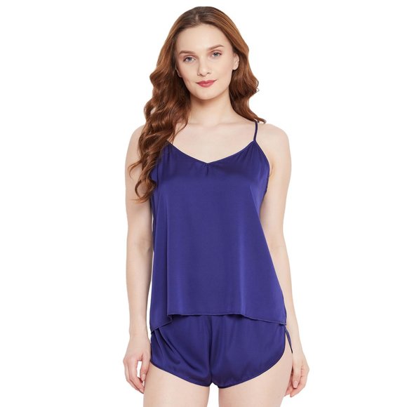 Solid Navy Blue 2 Pcs Satin Shorts Sleepwear for Women - Picture 2 of 7